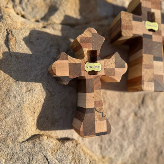 Pray Crazy Cross – Handmade Wooden Cross with Brass Bowtie Prayer Pocket